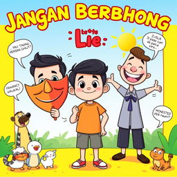 A vibrant cartoon illustration depicting the theme 'Jangan Berbohong' (Don't Lie)