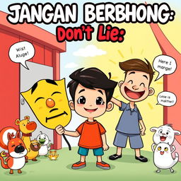 A vibrant cartoon illustration depicting the theme 'Jangan Berbohong' (Don't Lie)