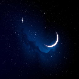 A captivating digital art representation of a vast starry night sky, featuring twinkling stars in various sizes, a glowing crescent moon, and subtle hints of nebula clouds in shades of deep blue and purple