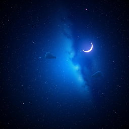 A captivating digital art representation of a vast starry night sky, featuring twinkling stars in various sizes, a glowing crescent moon, and subtle hints of nebula clouds in shades of deep blue and purple