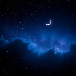 A captivating digital art representation of a vast starry night sky, featuring twinkling stars in various sizes, a glowing crescent moon, and subtle hints of nebula clouds in shades of deep blue and purple