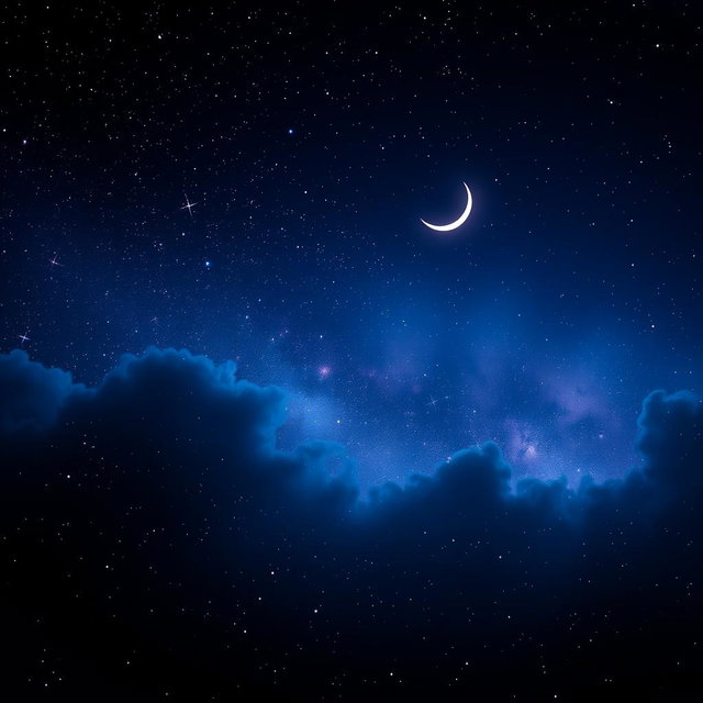 A captivating digital art representation of a vast starry night sky, featuring twinkling stars in various sizes, a glowing crescent moon, and subtle hints of nebula clouds in shades of deep blue and purple