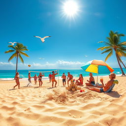 A picturesque scene of a vibrant beach setting with golden sand and clear turquoise waters