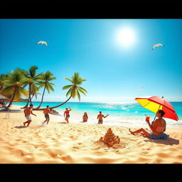 A picturesque scene of a vibrant beach setting with golden sand and clear turquoise waters