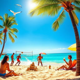 A picturesque scene of a vibrant beach setting with golden sand and clear turquoise waters