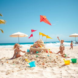 A delightful beach scene centered around children enjoying a sunny day at the beach