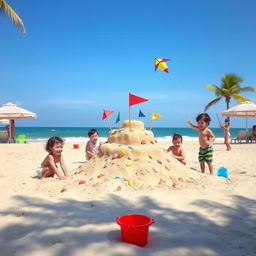 A delightful beach scene centered around children enjoying a sunny day at the beach