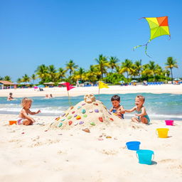 A delightful beach scene centered around children enjoying a sunny day at the beach