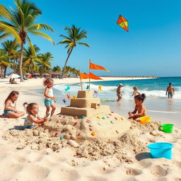 A delightful beach scene centered around children enjoying a sunny day at the beach