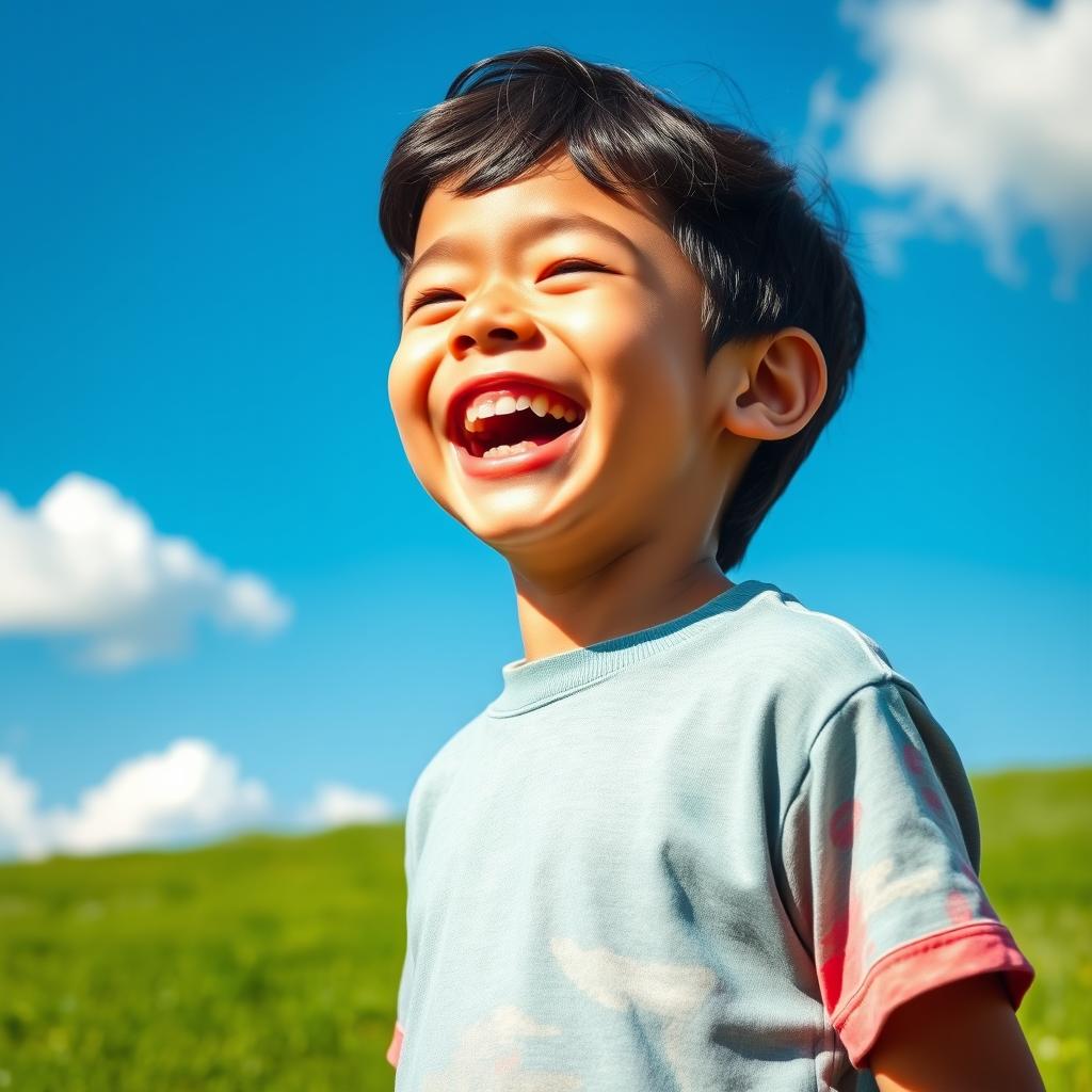A joyous boy with dark hair, laughing heartily, his eyes sparkling with delight