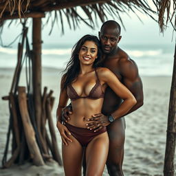 A full-length intimate couple photoshoot set at a dirty beach makeout hut