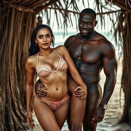 A full-length intimate couple photoshoot set at a dirty beach makeout hut