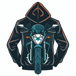 A stylish and modern logo design featuring a sleek motorcycle prominently displayed in the front, integrated with a cozy hoodie