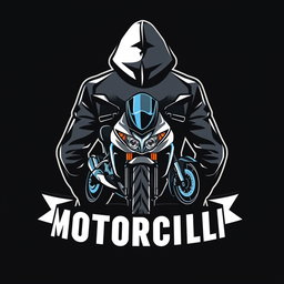 A stylish and modern logo design featuring a sleek motorcycle prominently displayed in the front, integrated with a cozy hoodie