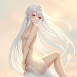 A beautiful anime girl with long flowing white hair, slender figure, and a captivating pose