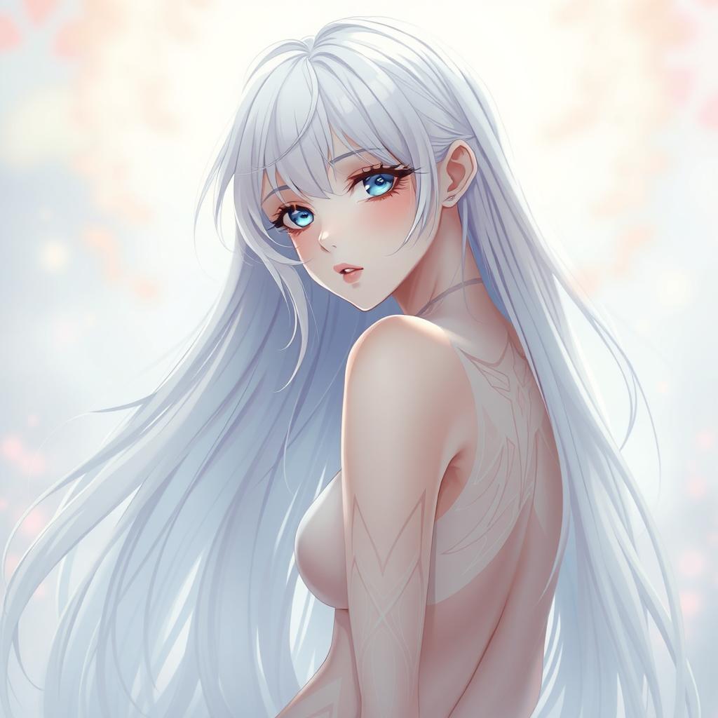 A beautiful anime girl with long flowing white hair, slender figure, and a captivating pose