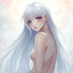 A beautiful anime girl with long flowing white hair, slender figure, and a captivating pose