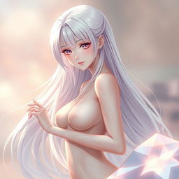 A beautiful anime girl with long flowing white hair, slender figure, and a captivating pose