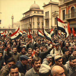 A historical depiction of protests in Damascus in 1925 against French colonial rule