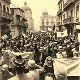 A historical depiction of protests in Damascus in 1925 against French colonial rule