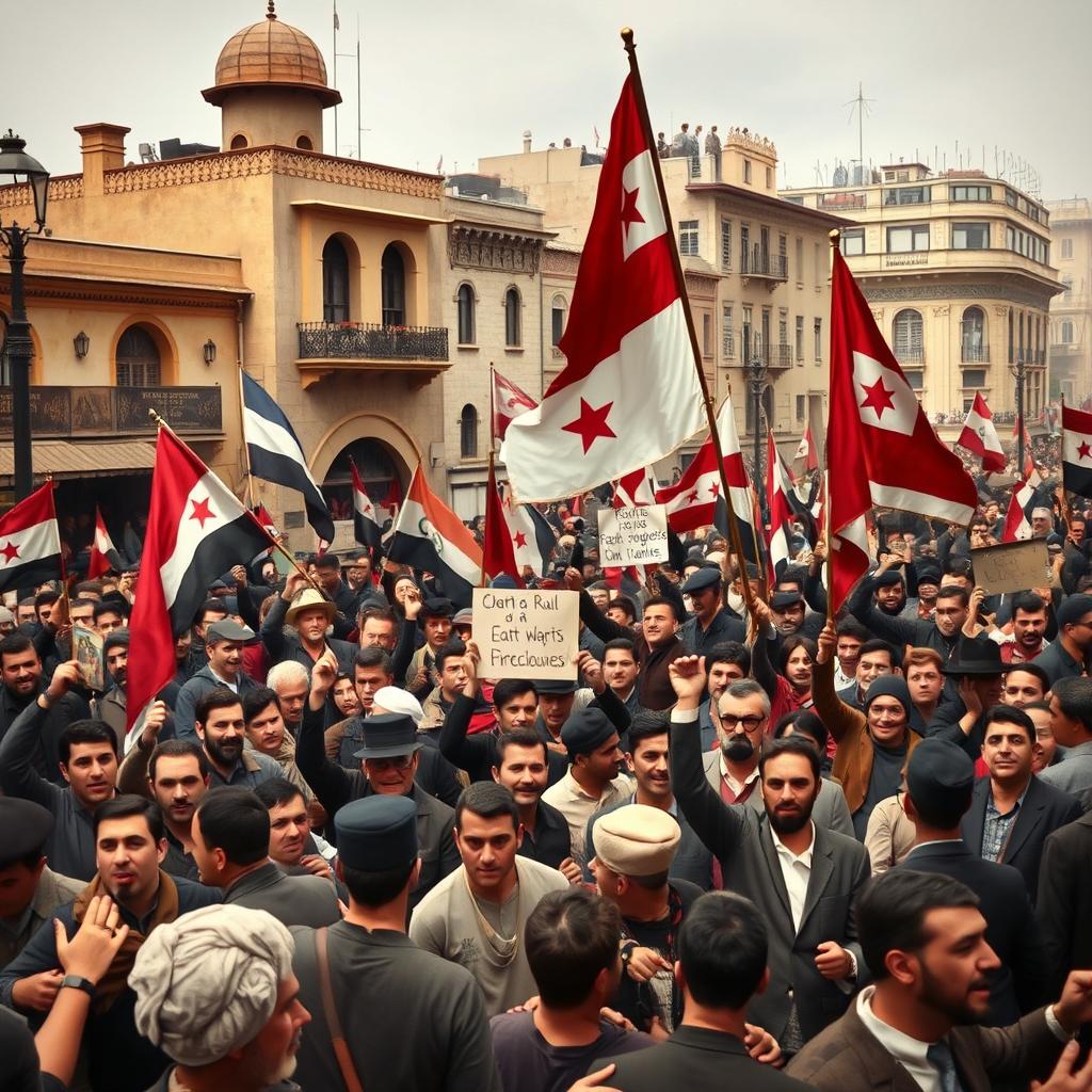 A historical depiction of protests in Damascus in 1925 against French colonial rule