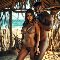 A full-length intimate couple photoshoot set in a dirt-streaked beach makeout hut