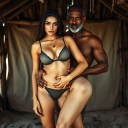 A full-length intimate couple photoshoot set in a dirt-streaked beach makeout hut