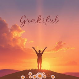 A serene and uplifting background design that conveys gratitude and spirituality, featuring a beautiful sunset sky with soft clouds in warm tones of orange, pink, and purple