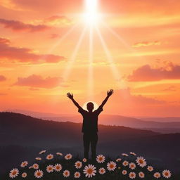 A serene and uplifting background design that conveys gratitude and spirituality, featuring a beautiful sunset sky with soft clouds in warm tones of orange, pink, and purple