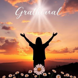 A serene and uplifting background design that conveys gratitude and spirituality, featuring a beautiful sunset sky with soft clouds in warm tones of orange, pink, and purple