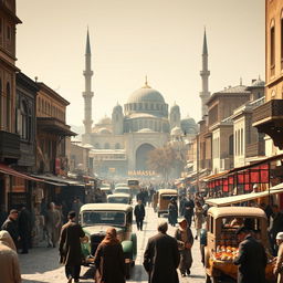 A historical scene depicting Damascus in the year 1925, showcasing the city’s traditional architecture, lively streets filled with people in period-appropriate clothing, and bustling markets