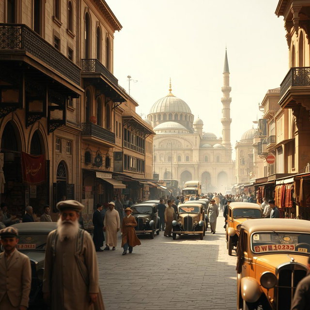 A historical scene depicting Damascus in the year 1925, showcasing the city’s traditional architecture, lively streets filled with people in period-appropriate clothing, and bustling markets