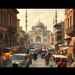 A historical scene depicting Damascus in the year 1925, showcasing the city’s traditional architecture, lively streets filled with people in period-appropriate clothing, and bustling markets