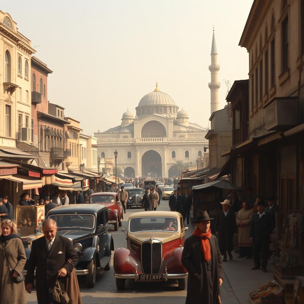 A historical scene depicting Damascus in the year 1925, showcasing the city’s traditional architecture, lively streets filled with people in period-appropriate clothing, and bustling markets