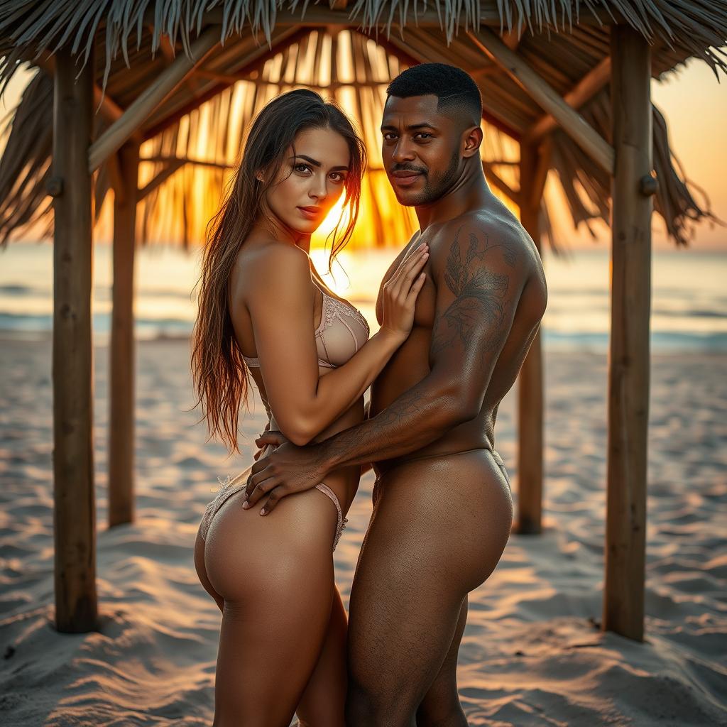 A full-length intimate photo shoot at a beach makeout hut featuring a 22-year-old gorgeous Arab woman in a transparent wet bikini looking seductively at the camera, showcasing her beautiful features, including a hot navel, sexy thighs, and glistening, slightly muddy skin