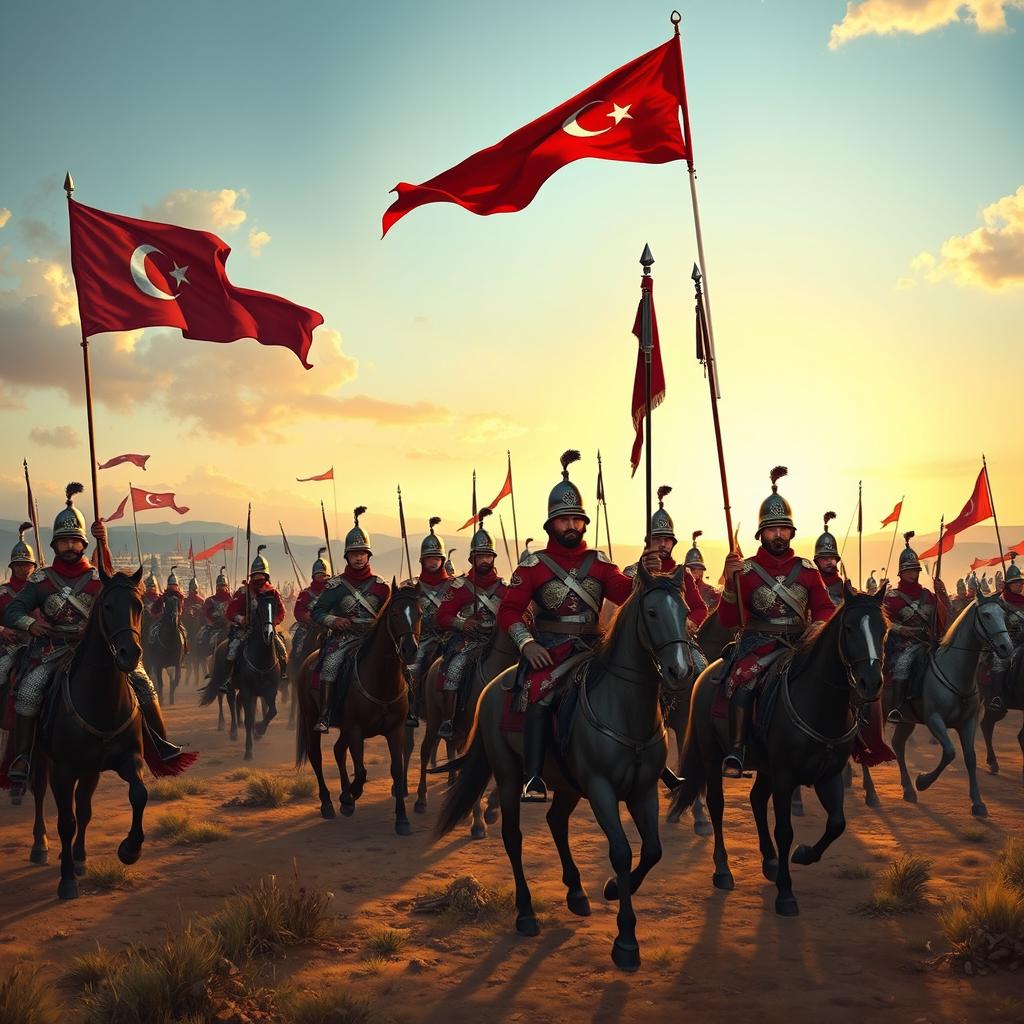 A detailed and dynamic depiction of the Ottoman Army, showcasing soldiers in traditional Ottoman uniforms from the late 19th to early 20th century