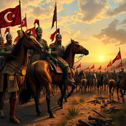 A detailed and dynamic depiction of the Ottoman Army, showcasing soldiers in traditional Ottoman uniforms from the late 19th to early 20th century