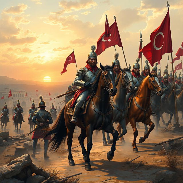 A detailed and dynamic depiction of the Ottoman Army, showcasing soldiers in traditional Ottoman uniforms from the late 19th to early 20th century