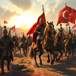 A detailed and dynamic depiction of the Ottoman Army, showcasing soldiers in traditional Ottoman uniforms from the late 19th to early 20th century