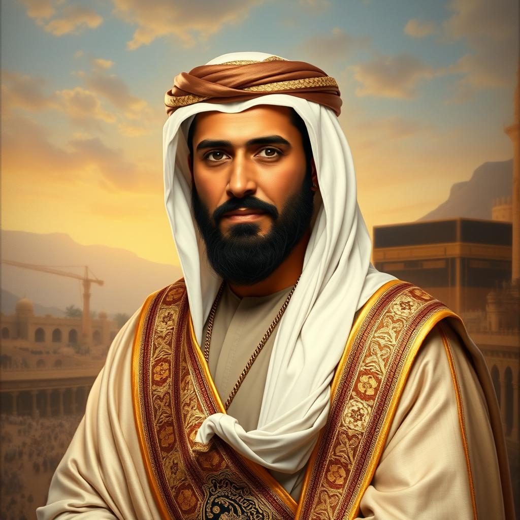 A majestic portrait of Sharif Hussein bin Ali, the King of the Arab Kingdom of Hejaz