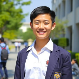 A portrait of a young adult wearing a Malaysian high school uniform, which includes a white collared shirt with a school crest, navy blue trousers, and a blazer with a school logo