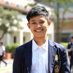 A portrait of a young adult wearing a Malaysian high school uniform, which includes a white collared shirt with a school crest, navy blue trousers, and a blazer with a school logo