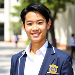 A portrait of a young adult wearing a Malaysian high school uniform, which includes a white collared shirt with a school crest, navy blue trousers, and a blazer with a school logo