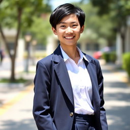 A portrait of a young adult wearing a Malaysian high school uniform, which includes a white collared shirt with a school crest, navy blue trousers, and a blazer with a school logo