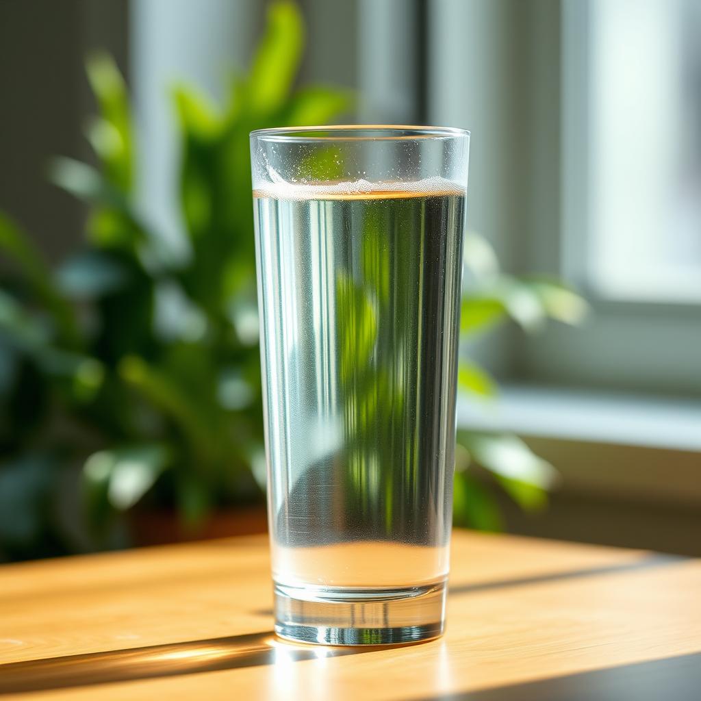 A serene and calming image of a tall glass of water filled to the brim, with a gentle condensation on the surface, sitting on a wooden table