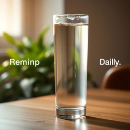 A serene and calming image of a tall glass of water filled to the brim, with a gentle condensation on the surface, sitting on a wooden table