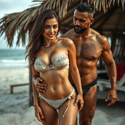A full-length intimate photo shoot at a beach hut featuring a 22-year-old stunning Arab woman in a transparent wet bikini, playfully covered in dirt, accentuating her gorgeous curves, sexy boobs, hot navel, and seductive thighs