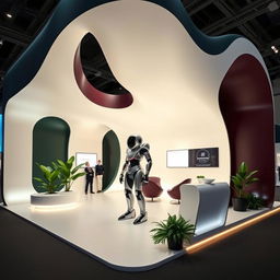 A striking booth with an organic design, featuring flowing shapes and smooth curves, decorated in deep, rich colors like navy blue, dark green, and deep burgundy