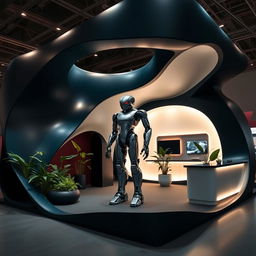 A striking booth with an organic design, featuring flowing shapes and smooth curves, decorated in deep, rich colors like navy blue, dark green, and deep burgundy