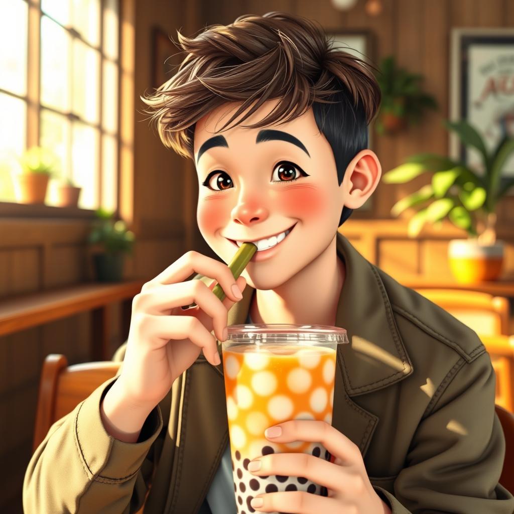 A cute young man with a charming smile, sitting at a cozy café, sipping on a colorful boba drink with large tapioca pearls